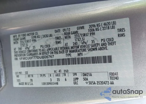 2013 Ford Escape S из США, поврежденный, VIN 1FMCU0F77DUB06767